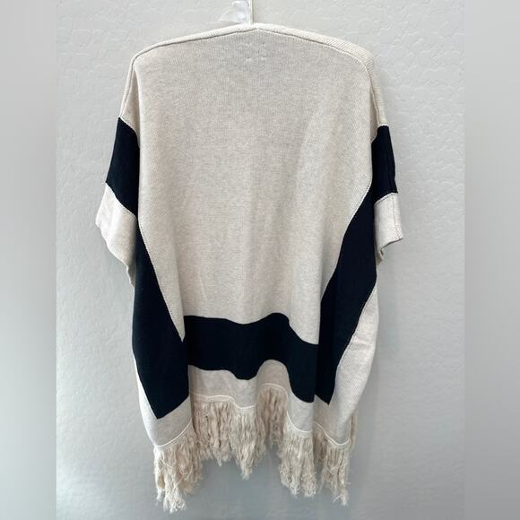 TOMMY BAHAMA | Stripe Fringed Wrap Shawl Tan Black Boho Cotton Cape | One Size - Picture 4 of 8